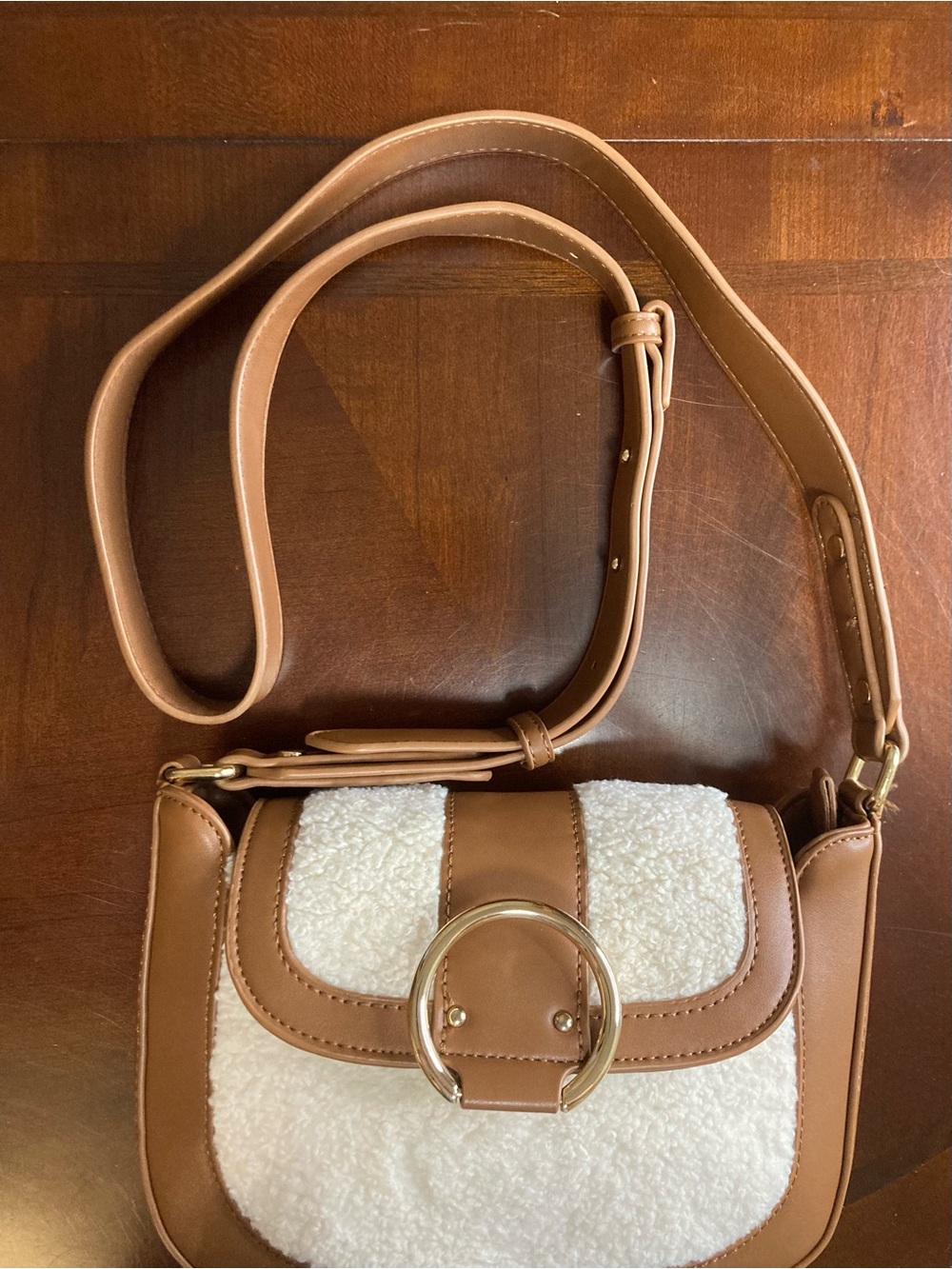 Antik Kraft Vegan Leather & Shearling Crossbody Saddle Bag - Cognac & Cream NWOT - Picture 9 of 15